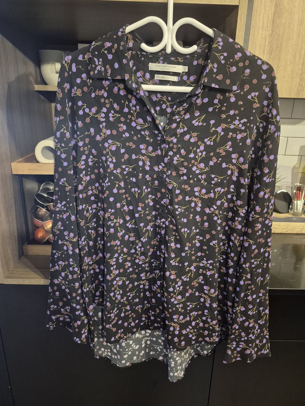 Simons Black Button-Up Blouse with Purple and Pink Floral Dots